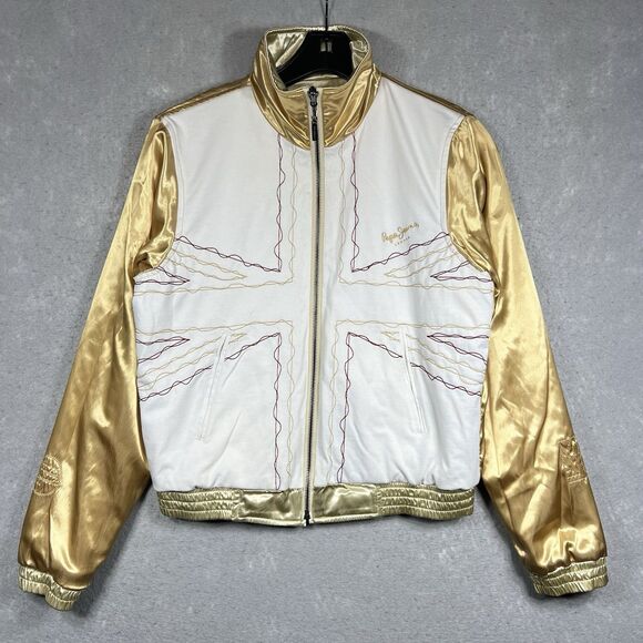 VTG Pepe Jeans London Bomber Varsity Jacket Reversible Gold Satin Women’s LARGE - Picture 11 of 15